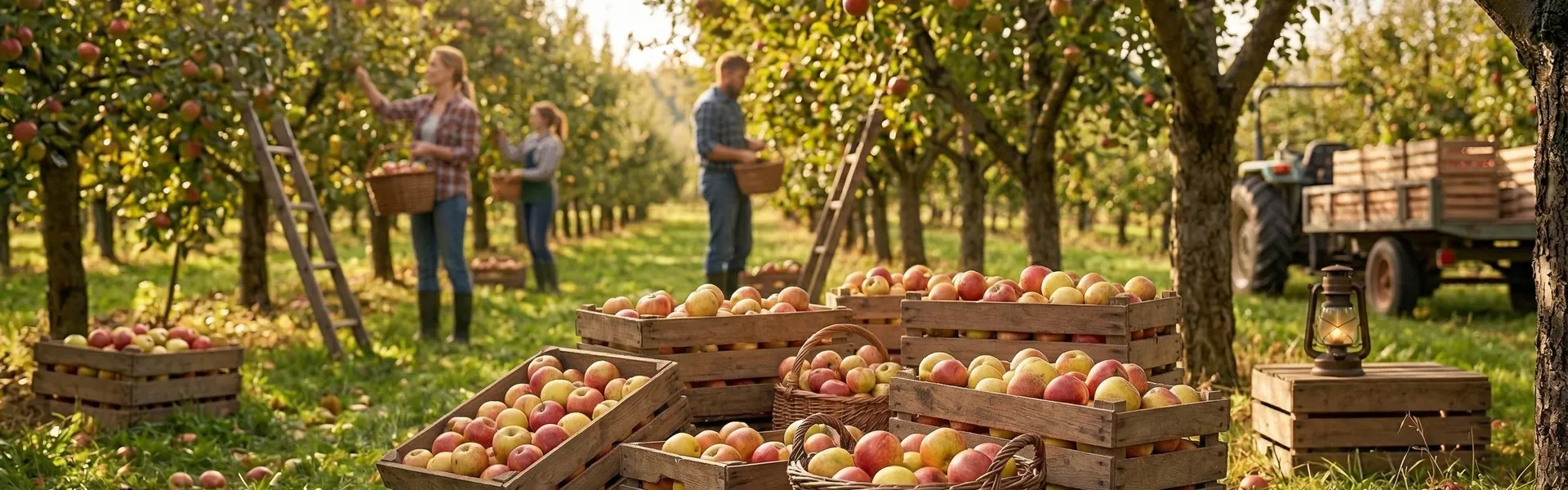 Zbiory jabłek w sadzie jesienią